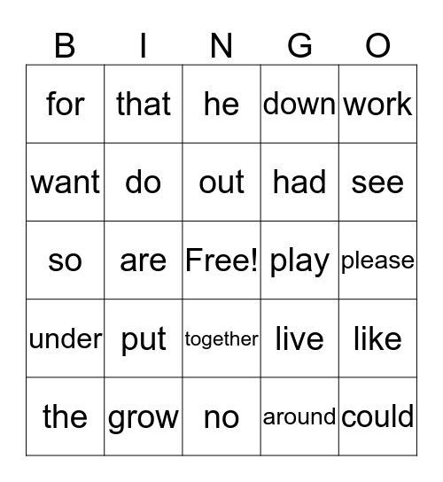 1st B Bingo Card