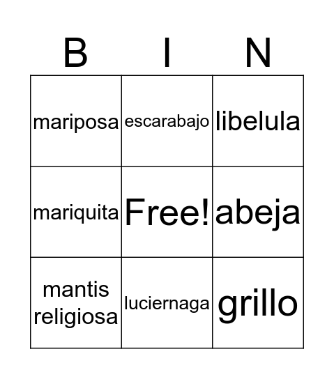 Los insectos Bingo Card