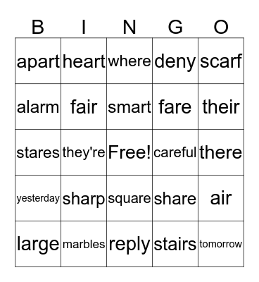 Spelling Words Bingo Card