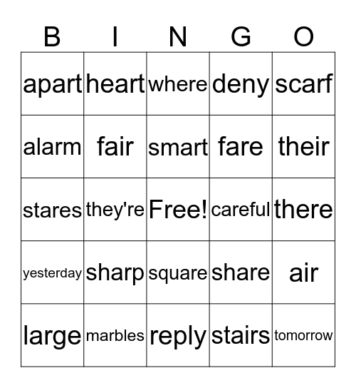 Spelling Words Bingo Card