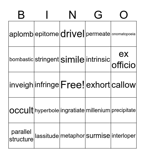 Vocabulary Level F Unit 2 A & B Bingo Card