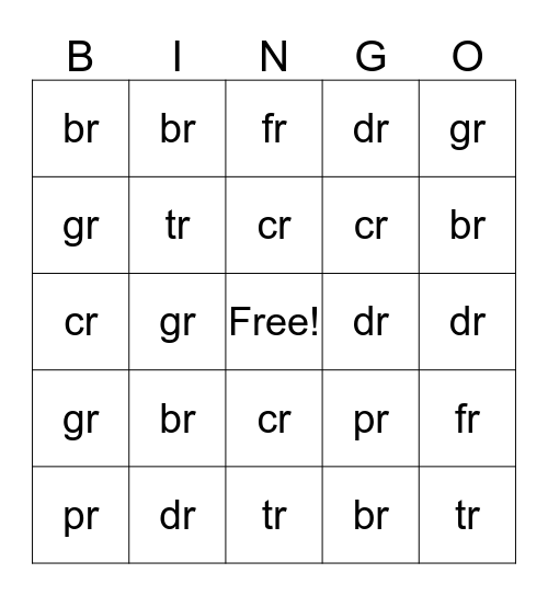 R BLENDS Bingo Card