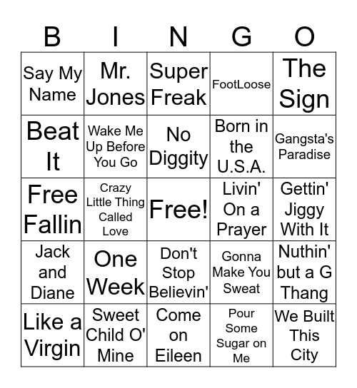 80s and 90s Music Bingo Card