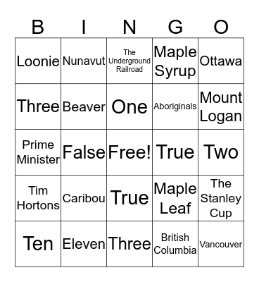 Canadian Edition Bingo Card