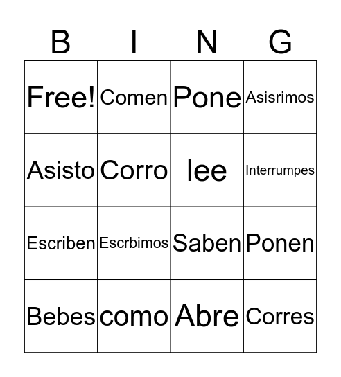 -Er and -Ir verbs bingo  Bingo Card