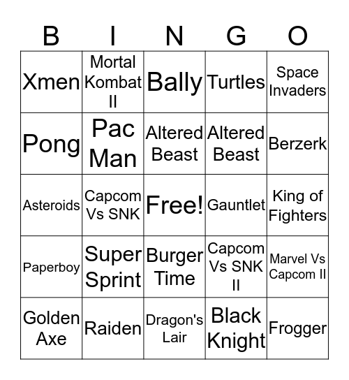 Arcade Bingo Card