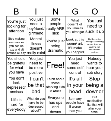 Mental Health Stigma Bingo Card