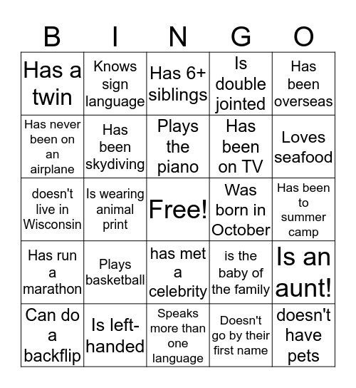 GET TO KNOW YA BINGO! Bingo Card