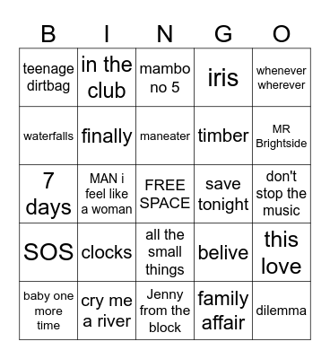 music bingo 90S AND 00S HITS Bingo Card