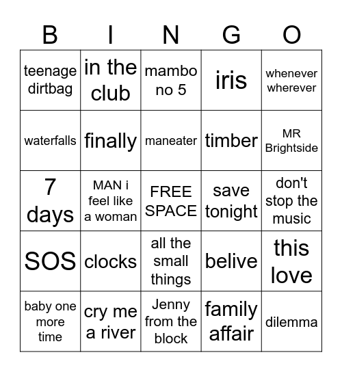 music bingo 90S AND 00S HITS Bingo Card
