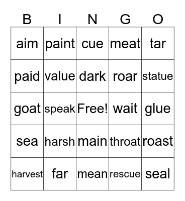 Mix of vowel teams + /ar/ Bingo Card