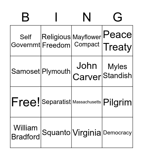 Plymouth Colony Bingo Card