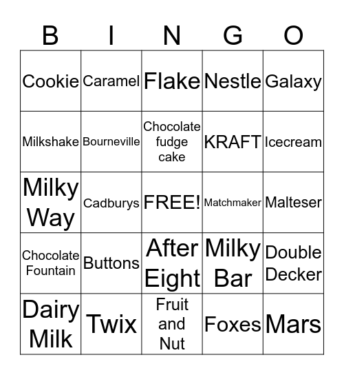 CHOCOLATE BINGO! Bingo Card