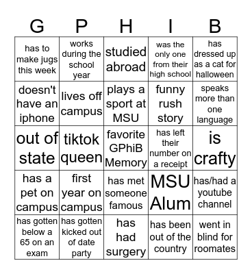 GAMMA PHI BINGO BABY Bingo Card