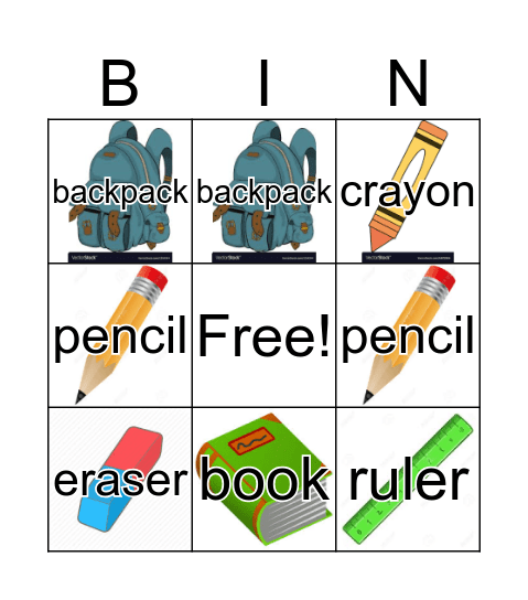 School Supplies Bingo Card