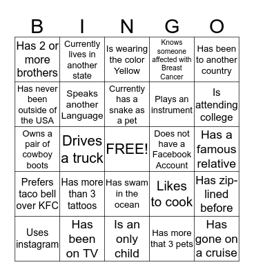 "Get to Know Your Team" Bingo Card