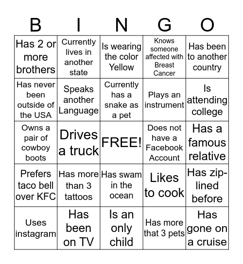 "Get to Know Your Team" Bingo Card