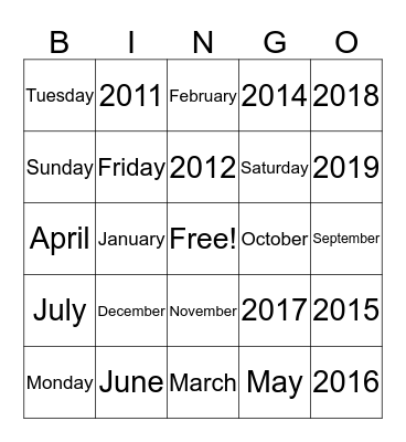 Days and Months and Years Bingo Card