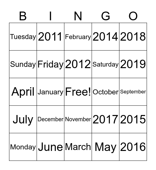 Days and Months and Years Bingo Card