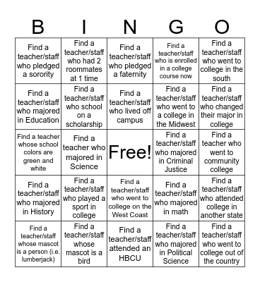 COLLEGE DAY Bingo Card