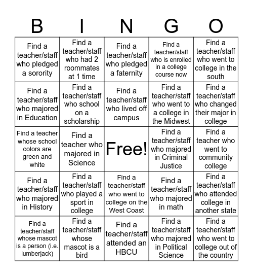 COLLEGE DAY Bingo Card