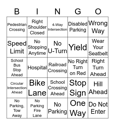 Driving Sign Bingo Card