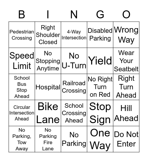Driving Sign Bingo Card