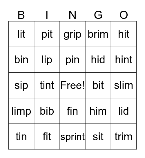 Short i Bingo Card