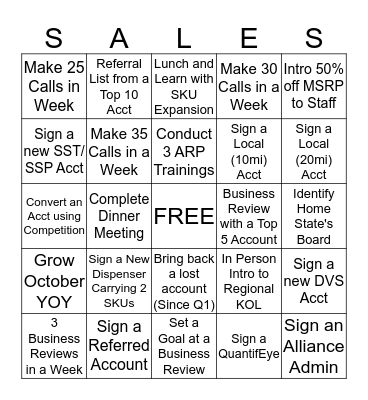 Sales Competition Bingo Card