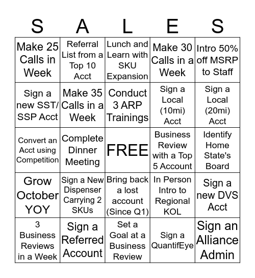 Sales Competition Bingo Card