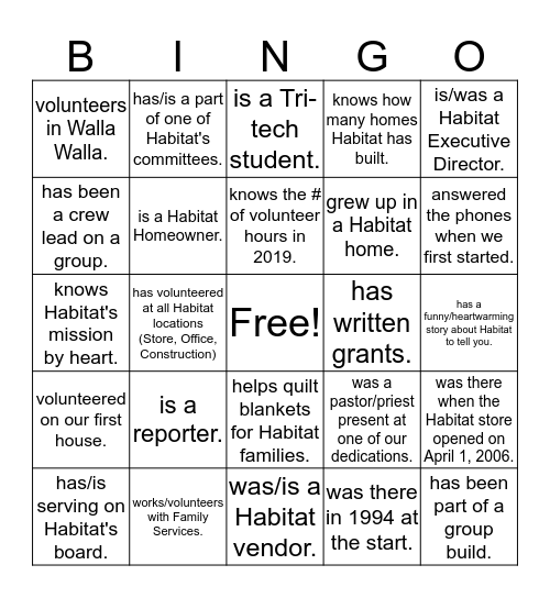Habitat Bingo: Find a person who... Bingo Card