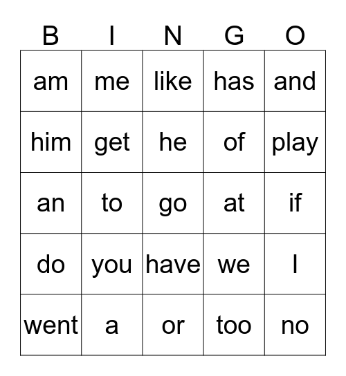 Sight Word Bingo Card