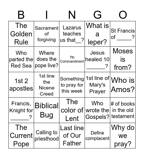 Biblical Bingo Card