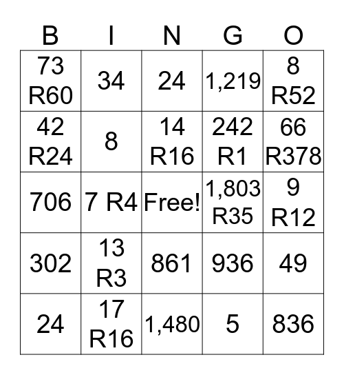 Division Bingo!! Bingo Card