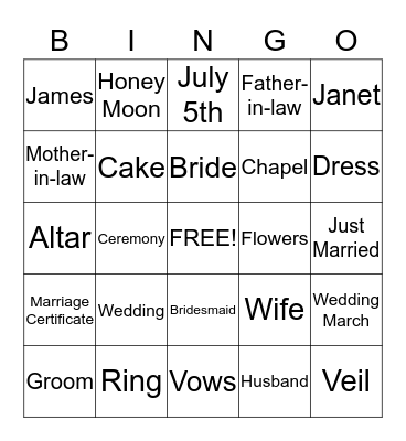 Bridal Bingo  Bingo Card