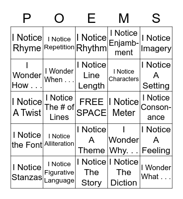 Poetry Sharing BINGO Card