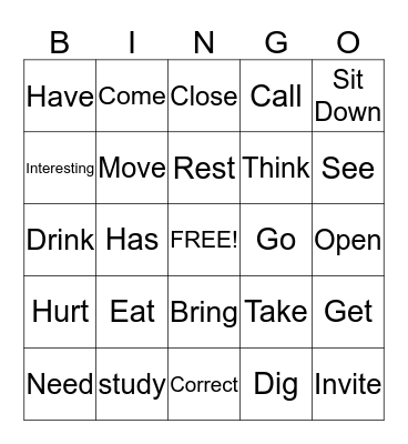 Verbs Bingo Card