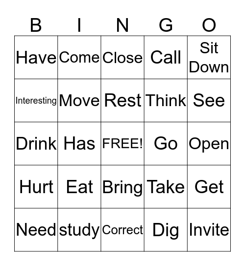 Verbs Bingo Card