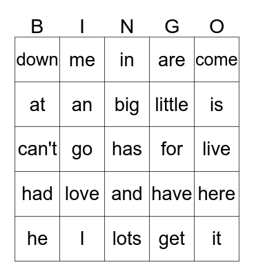 Power Words Bingo Card