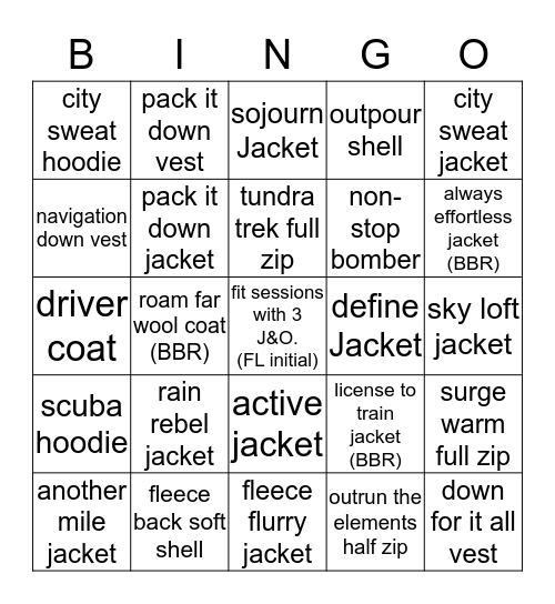 FSM Jackets + Outwear Bingo Card