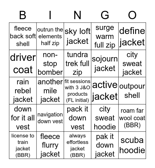 FSM/MM Jackets + Outwear Bingo Card