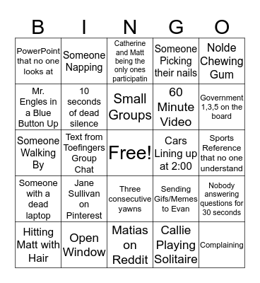 Toe Fingers Class Bingo Card