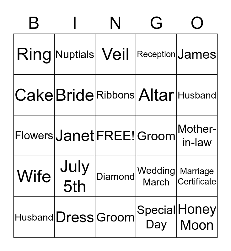 Bridal Shower Bingo Card