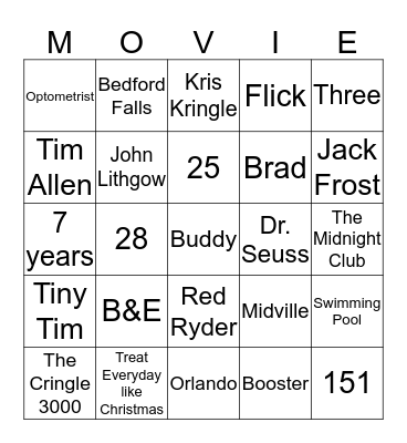 Holiday Movies Bingo Card