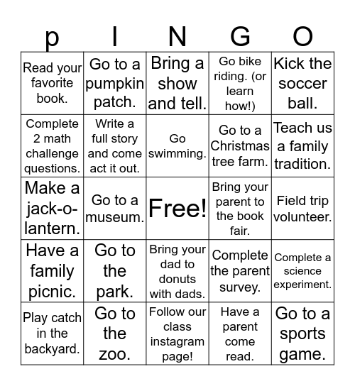 Parent Involvement Nurtures Great Opportunities Bingo Card