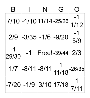 Add and Subtract Unlike Fractions Bingo Card