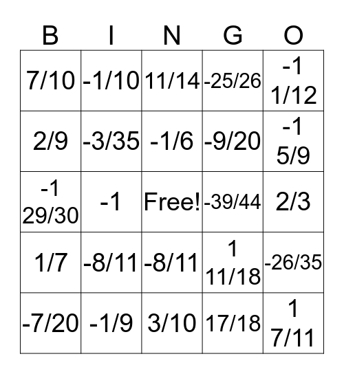 Add and Subtract Unlike Fractions Bingo Card
