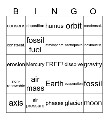 Earth Science Bingo Card