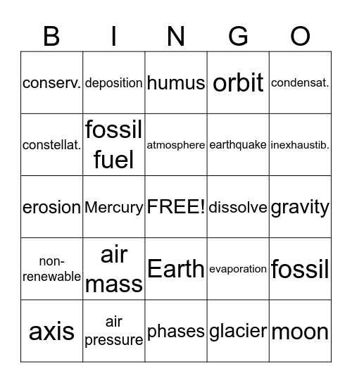 Earth Science Bingo Card