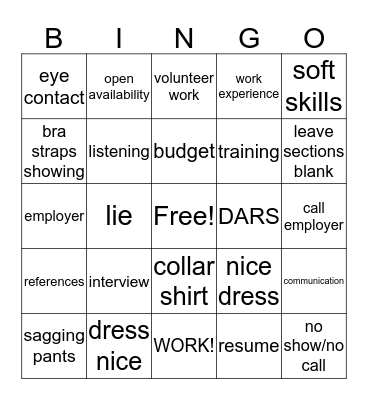 Job Club Bingo Card